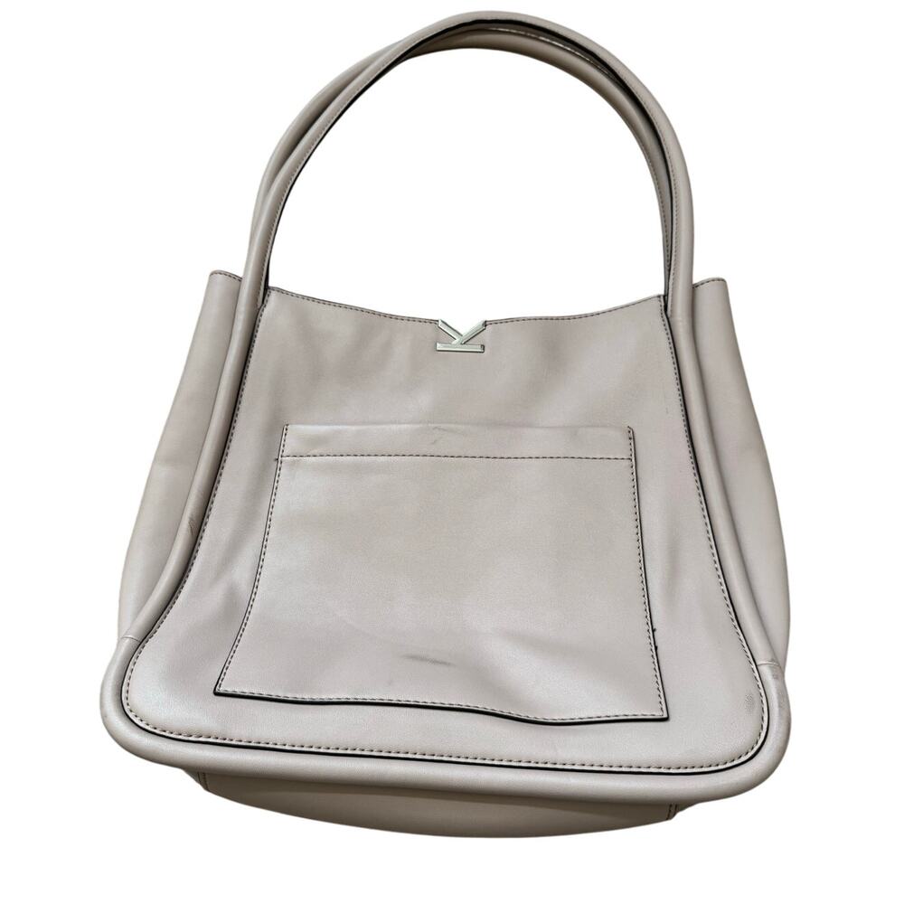 Calvin Klein Taupe Beige Leather CK Logo Shoulder Hobo Bag Purse - Picture 2 of 14